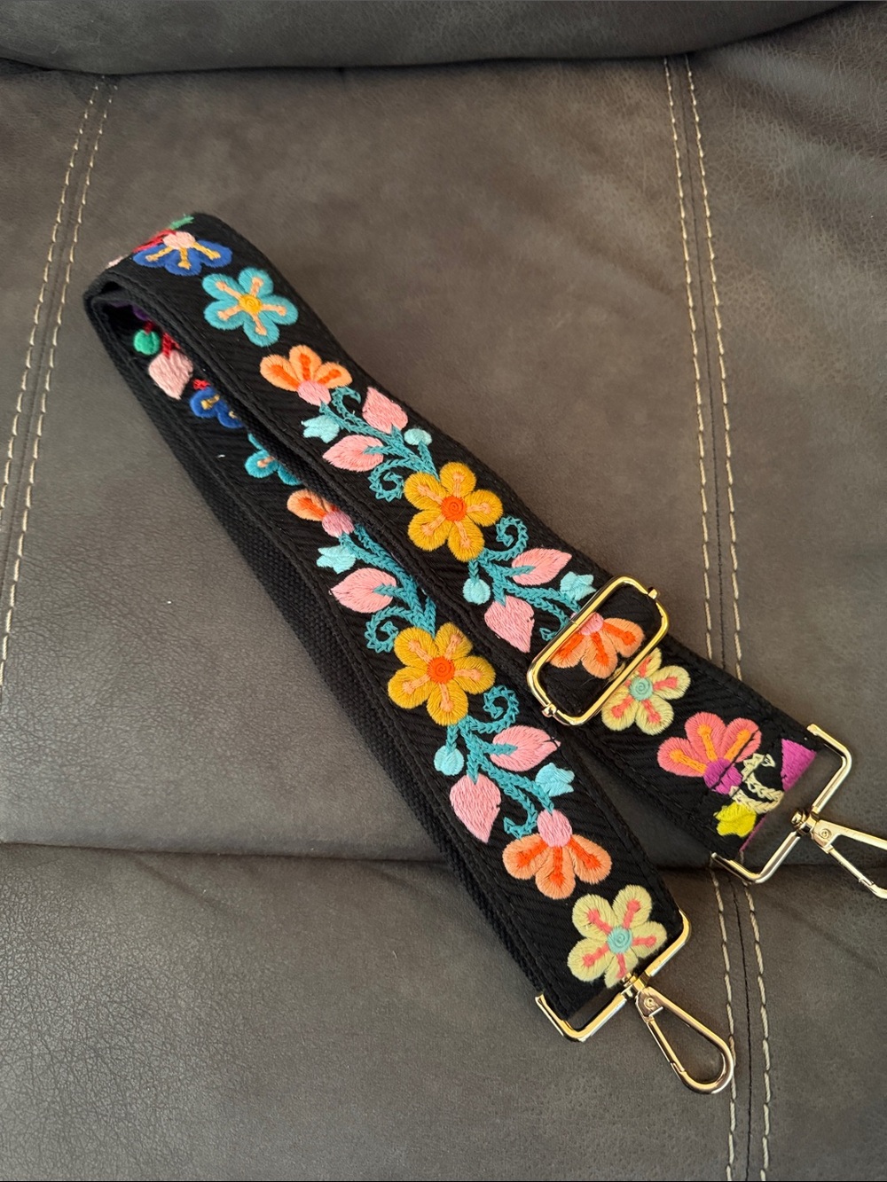 Amazon Black Floral Embroidered Adjustable Bag Strap with Multicolor Flowers